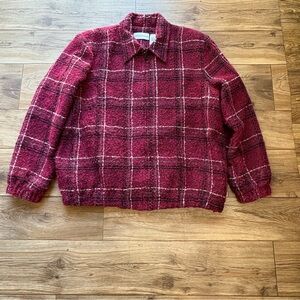Vintage Boucle Plaid Zip Jacket | Cozy Textured Red | Elastic Waist | Sz 14